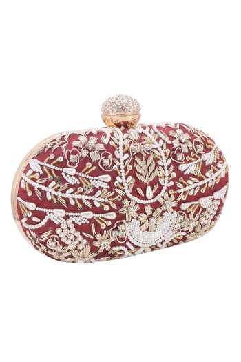 Nazaakat By Samara Singh_Maroon Beads, Pearls, Sequins, Rhinestones, Clutch Bag With Detachable Sling _at_Aza_Fashions