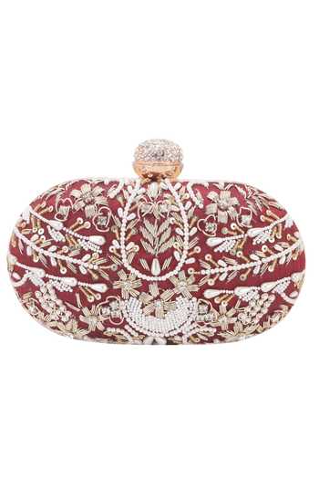 Buy_Nazaakat By Samara Singh_Maroon Beads, Pearls, Sequins, Rhinestones, Clutch Bag With Detachable Sling 