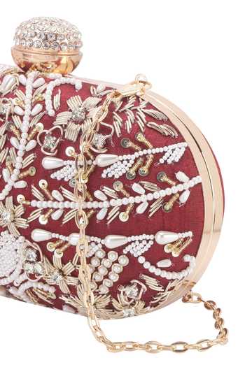 Shop_Nazaakat By Samara Singh_Maroon Beads, Pearls, Sequins, Rhinestones, Clutch Bag With Detachable Sling 