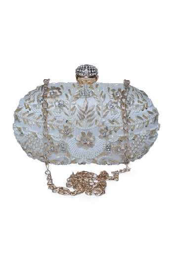 Shop_Nazaakat By Samara Singh_White Beads, Pearls, Rhinestones, Sequins Floral And Leaf Embellished Clutch _at_Aza_Fashions