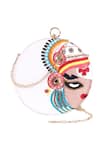 Shop_Nazaakat By Samara Singh_White Embroidery, Sequins, Beads Kathakali Face Round Clutch _at_Aza_Fashions