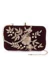 Shop_Nazaakat By Samara Singh_Maroon Embroidery, Pearls, Crystals Floral Velvet Clutch With Sling _at_Aza_Fashions