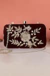Buy_Nazaakat By Samara Singh_Maroon Embroidery, Pearls, Crystals Floral Velvet Clutch With Sling _at_Aza_Fashions