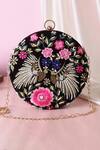 Buy_Nazaakat By Samara Singh_Black Embroidery, Beads, Sequins Floral And Peacock Round Clutch _at_Aza_Fashions