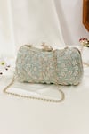 Shop_Nazaakat By Samara Singh_Aqua Embroidery, Pearls Floral Clutch With Frog Closure _Online_at_Aza_Fashions