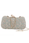 Shop_Nazaakat By Samara Singh_Aqua Embroidery, Pearls Floral Clutch With Frog Closure _at_Aza_Fashions
