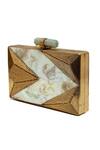 The Tan Clan_Gold Gemstones, Stones, Metallic Thread Krysty Mother Of Pearl Brass Clutch _Online_at_Aza_Fashions