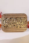 Shop_The Tan Clan_Gold Gemstones, Metallic Thread Zen Brass Clutch _at_Aza_Fashions
