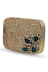The Tan Clan_Gold Gemstones, Metallic Thread Zen Brass Clutch _at_Aza_Fashions