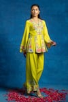 Buy_Soup By Sougat Paul_Yellow Silk Zari, Sequins, Embroidery V-neck Rangtara And Embellished Peplum Set _at_Aza_Fashions