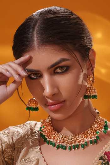 Buy_Zevar By Geeta_Gold Plated Beads, Pearls, Stones Green Drop Necklace Set _at_Aza_Fashions