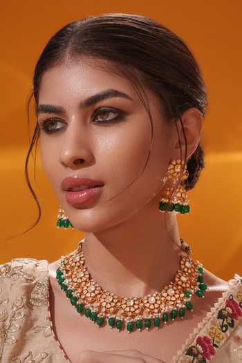 Buy_Zevar By Geeta_Gold Plated Beads, Pearls, Stones Green Drop Necklace Set _Online_at_Aza_Fashions