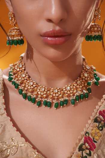 Zevar By Geeta_Gold Plated Beads, Pearls, Stones Green Drop Necklace Set _at_Aza_Fashions