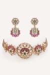 Shop_Zevar By Geeta_Multi Color Stones, Pearls Floral Carved Choker With Earrings _at_Aza_Fashions