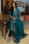 Buy_Safaa_Teal Vegan Silk Zari, Gota Patti, Embroidery V-neck Surmai Shaam Anarkali Set _at_Aza_Fashions