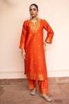 Safaa_Orange Vegan Silk Zari, Embroidery Split V-neck Mehfil E Phiran Kurta Set _Online_at_Aza_Fashions