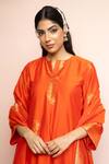 Shop_Safaa_Orange Vegan Silk Zari, Embroidery Split V-neck Hansi Kurta Pant Set _Online_at_Aza_Fashions