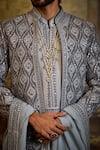 Shop_Nitika Gujral_Gray Chanderi Silk, Silk, Cotton Embroidery, Sequins, Zari And Sherwani Set _Online_at_Aza_Fashions