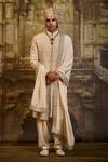 Buy_Nitika Gujral_Beige Cotton, Silk Embroidery Raw Sherwani And Kurta Set _at_Aza_Fashions
