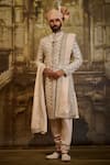 Buy_Nitika Gujral_Ivory Taffeta, Silk, Cotton Embroidery, Zari Sherwani Set _at_Aza_Fashions