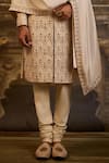 Shop_Nitika Gujral_Beige Silk, Cotton Embroidery Floral Sherwani Set _Online_at_Aza_Fashions