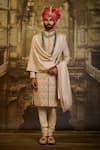 Buy_Nitika Gujral_Beige Silk, Cotton Embroidery Floral Sherwani Set _at_Aza_Fashions