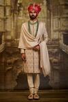 Buy_Nitika Gujral_Beige Silk, Cotton Embroidery Jaal Sherwani Set _at_Aza_Fashions