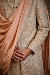 Shop_Nitika Gujral_Ivory Brocade, Silk, Cotton, Lycra Embroidery Floral Sherwani Set _Online_at_Aza_Fashions