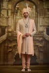 Buy_Nitika Gujral_Peach Brocade, Silk, Cotton, Lycra Embroidery Jaal Sherwani Set _at_Aza_Fashions