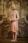 Shop_Nitika Gujral_Peach Brocade, Silk, Cotton, Lycra Embroidery Jaal Sherwani Set _Online_at_Aza_Fashions
