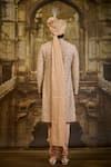 Nitika Gujral_Peach Brocade, Silk, Cotton, Lycra Embroidery Jaal Sherwani Set _Online_at_Aza_Fashions