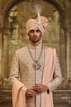 Nitika Gujral_Peach Brocade, Silk, Cotton, Lycra Embroidery Jaal Sherwani Set _at_Aza_Fashions