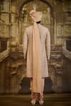 Nitika Gujral_Peach Brocade, Cotton, Lycra Embroidery Jaal Sherwani Set _Online_at_Aza_Fashions