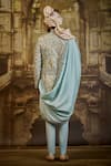 Nitika Gujral_Aqua Brocade, Silk, Cotton, Lycra Embroidery Flower Sherwani Set _Online_at_Aza_Fashions