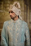 Nitika Gujral_Aqua Brocade, Silk, Cotton, Lycra Embroidery Flower Sherwani Set _at_Aza_Fashions