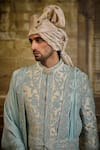 Nitika Gujral_Aqua Brocade, Silk, Cotton, Lycra Embroidery, Zari Flower Sherwani Set _at_Aza_Fashions