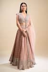 Buy_Samyukta Singhania_Peach Mirrors, Embroidery V-neck Work Lehenga Set _at_Aza_Fashions