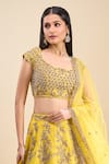 Samyukta Singhania_Yellow Silk, Net Sequins, Pearls, Embroidery Square Neck Work Lehenga Set _Online_at_Aza_Fashions