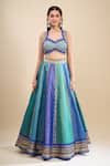 Samyukta Singhania_Blue Brocade, Organza Foil Printing, Sequins, Color Block Lehenga Set _Online_at_Aza_Fashions