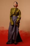 Shop_Stoique_Olive Green Silk Embroidery Mandarin Collar Haze Mysore Shirt _at_Aza_Fashions