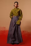 Shop_Stoique_Olive Green Silk Embroidery Mandarin Collar Haze Mysore Shirt _Online_at_Aza_Fashions