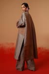 Shop_Stoique_Gray Silk Patchwork Round Neck Current Overlay Chequered Jacket _at_Aza_Fashions
