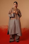 Stoique_Gray Silk Patchwork Round Neck Current Overlay Chequered Jacket _Online_at_Aza_Fashions