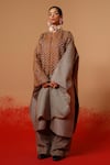 Shop_Stoique_Gray Silk Patchwork Round Neck Current Overlay Chequered Jacket _Online_at_Aza_Fashions