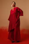Stoique_Red Silk Embroidery Split V-neck Beam Mysore Tunic _Online_at_Aza_Fashions