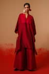 Buy_Stoique_Red Silk Embroidery Split V-neck Beam Mysore Tunic _at_Aza_Fashions