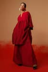 Shop_Stoique_Red Silk Embroidery Split V-neck Beam Mysore Tunic _Online_at_Aza_Fashions