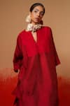 Stoique_Red Silk Embroidery Split V-neck Beam Mysore Tunic _at_Aza_Fashions