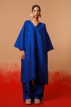 Shop_Stoique_Blue Silk V-neck Petal Mysore Tunic _Online_at_Aza_Fashions