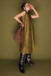 Stoique_Olive Green Silk Round Neck Stone Mysore Dress _Online_at_Aza_Fashions